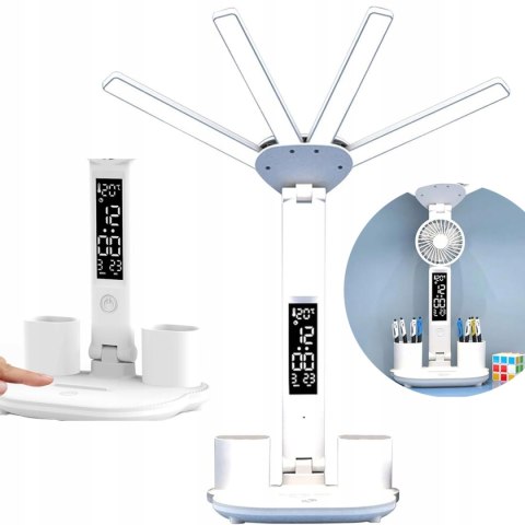 LAMPKA NA BIURKO WYŚWIETLACZ LED ORGANIZER TERMOMETR ZEGAR WENTYLATOR MOCNA