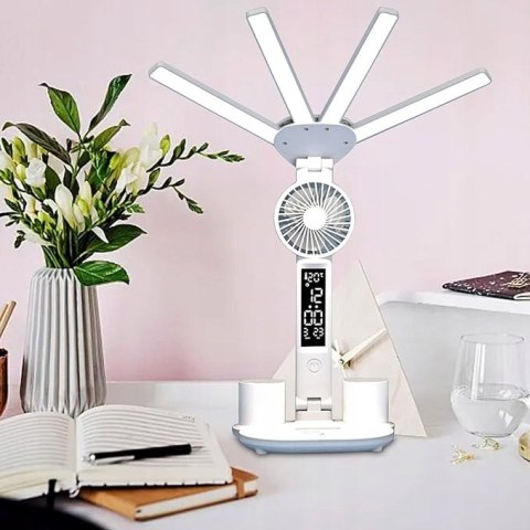 LAMPKA NA BIURKO WYŚWIETLACZ LED ORGANIZER TERMOMETR ZEGAR WENTYLATOR MOCNA