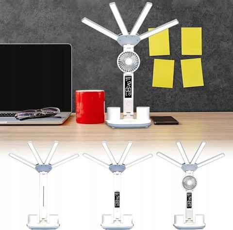LAMPKA NA BIURKO WYŚWIETLACZ LED ORGANIZER TERMOMETR ZEGAR WENTYLATOR MOCNA