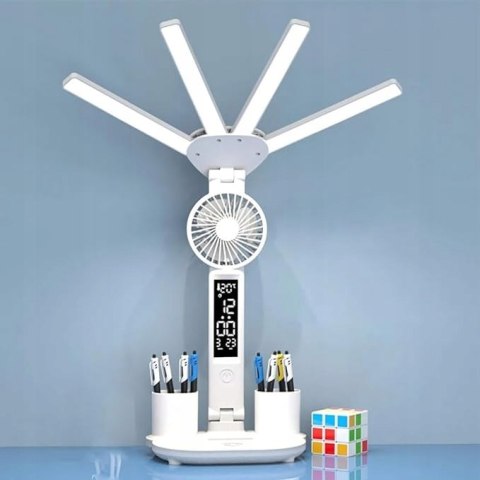 LAMPKA NA BIURKO WYŚWIETLACZ LED ORGANIZER TERMOMETR ZEGAR WENTYLATOR MOCNA