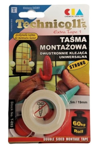 Taśma dwustronna montażowa biała mocna Technicqll 693 19mm x 1,5m