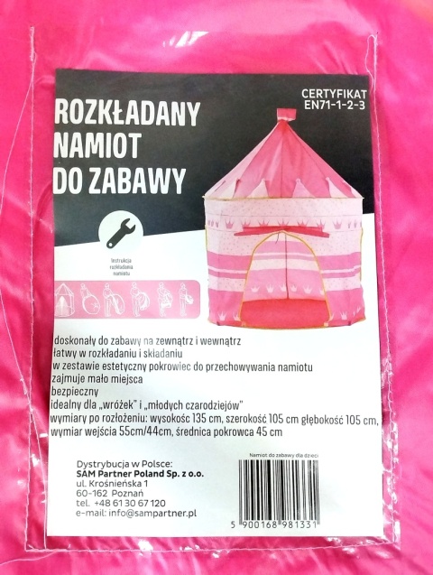 Namiot rozkładany do zabawy dla dzieci wys 135cm szer 105cm różowy