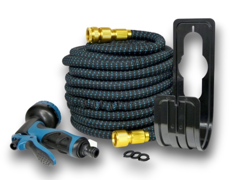 Wąż Ogrodowy Elastyczny Rozciągliwy 30m Pistolet Wieszak Mosiężne Złączki