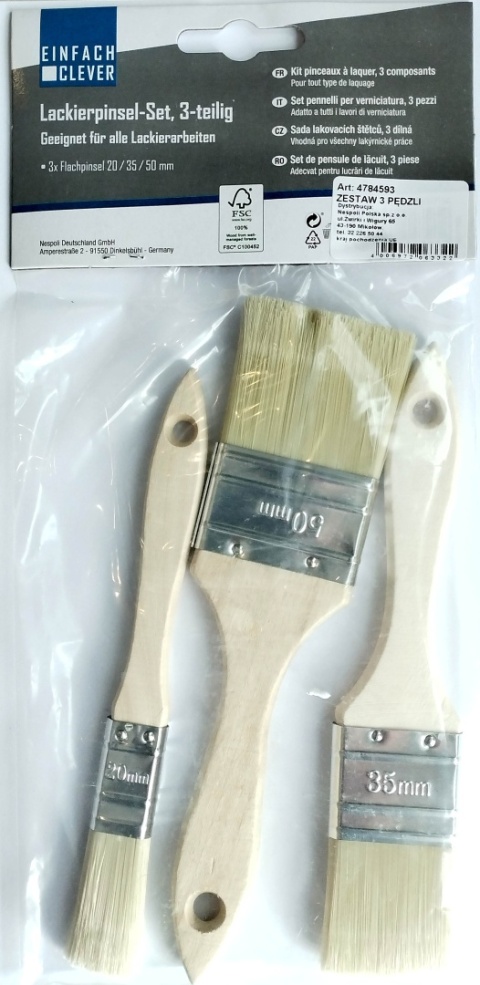 Zestaw trzech pędzli drewnianych do lakieru włosie naturalne 20 / 35 / 50mm